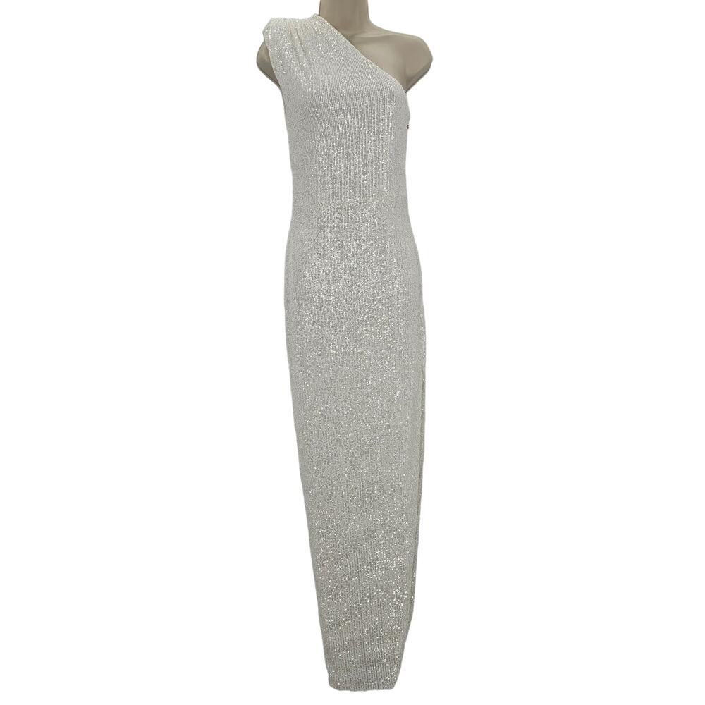 Nookie Womans size L Veda Gown Sequin Maxi Dress One Shoulder High Slit NEW